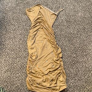 Strapless Ruched Rhinestone Bodycon Dress in Camel